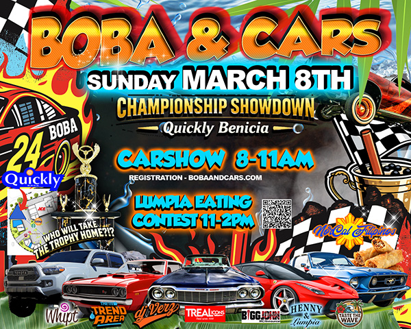 Boba and Cars Championship Showdown event flyer for March 8, 2026 at Quickly Benicia featuring car show 8-11AM and lumpia eating contest