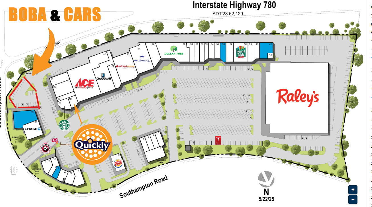 Southampton Plaza parking lot map showing the Boba and Cars show location outlined in red near Quickly Benicia, with Interstate Highway 780 to the north and Southampton Road to the south