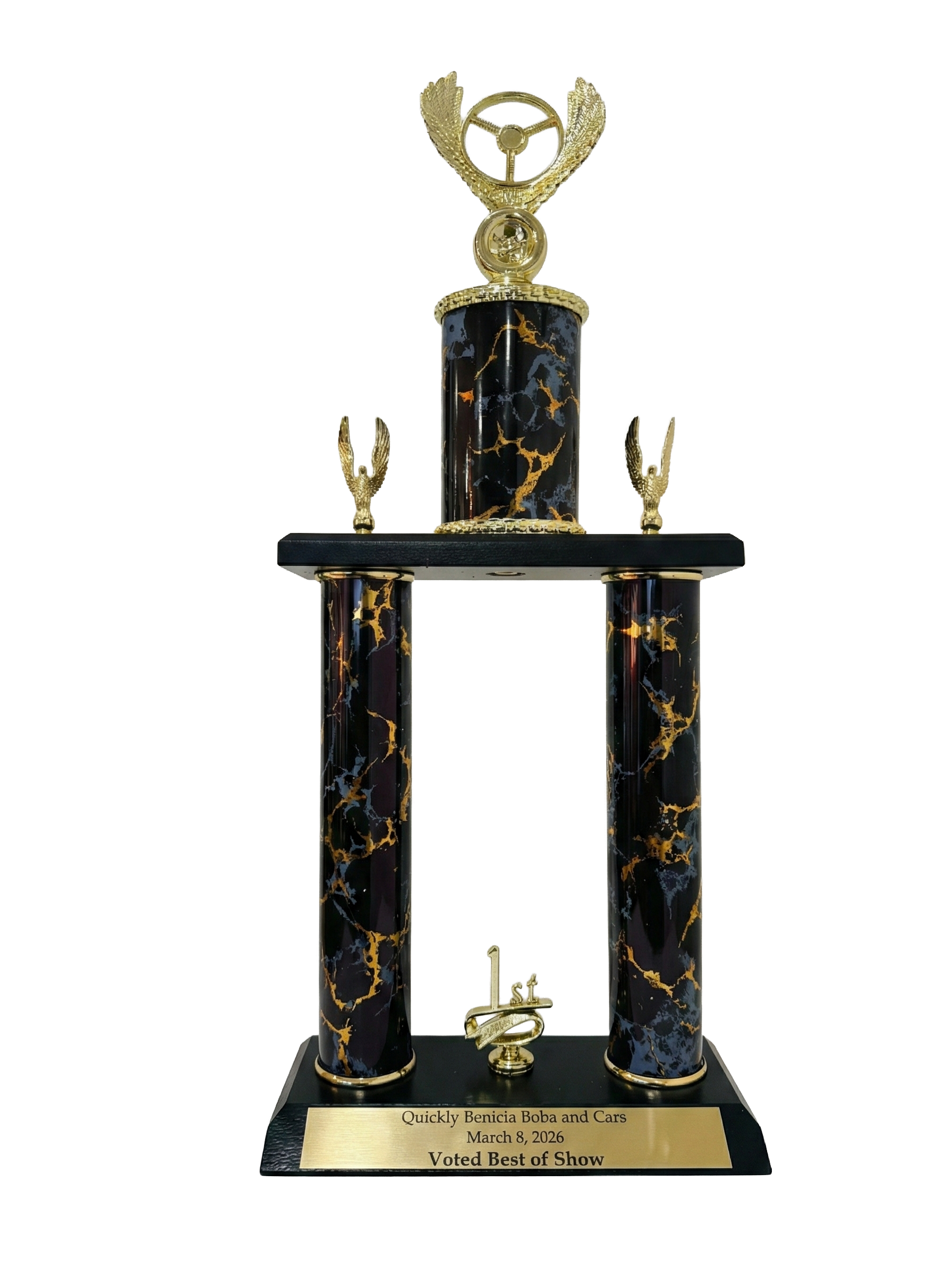 20-inch Best of Show trophy for Quickly Benicia Boba and Cars - featuring black and gold marble columns with a steering wheel topper